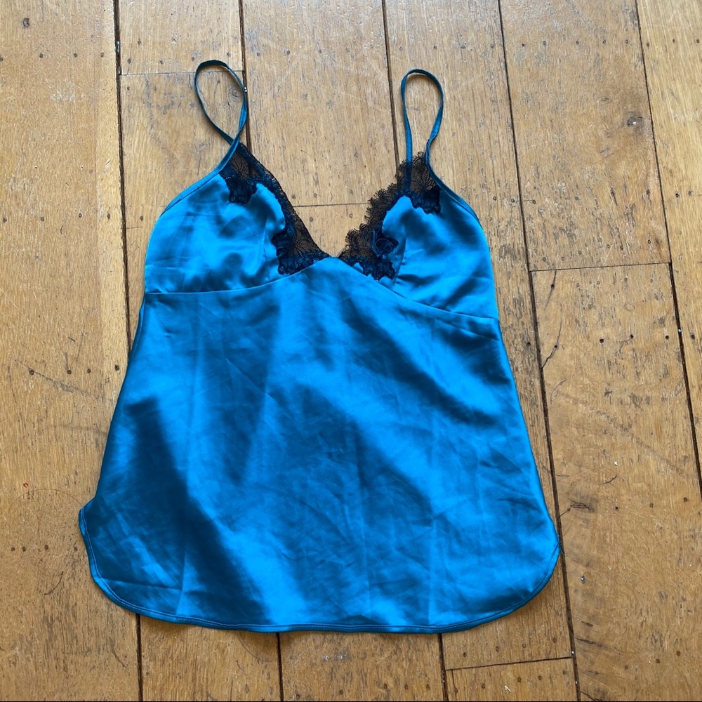 blue satin slip tank top w black lace🦋y2k inspo